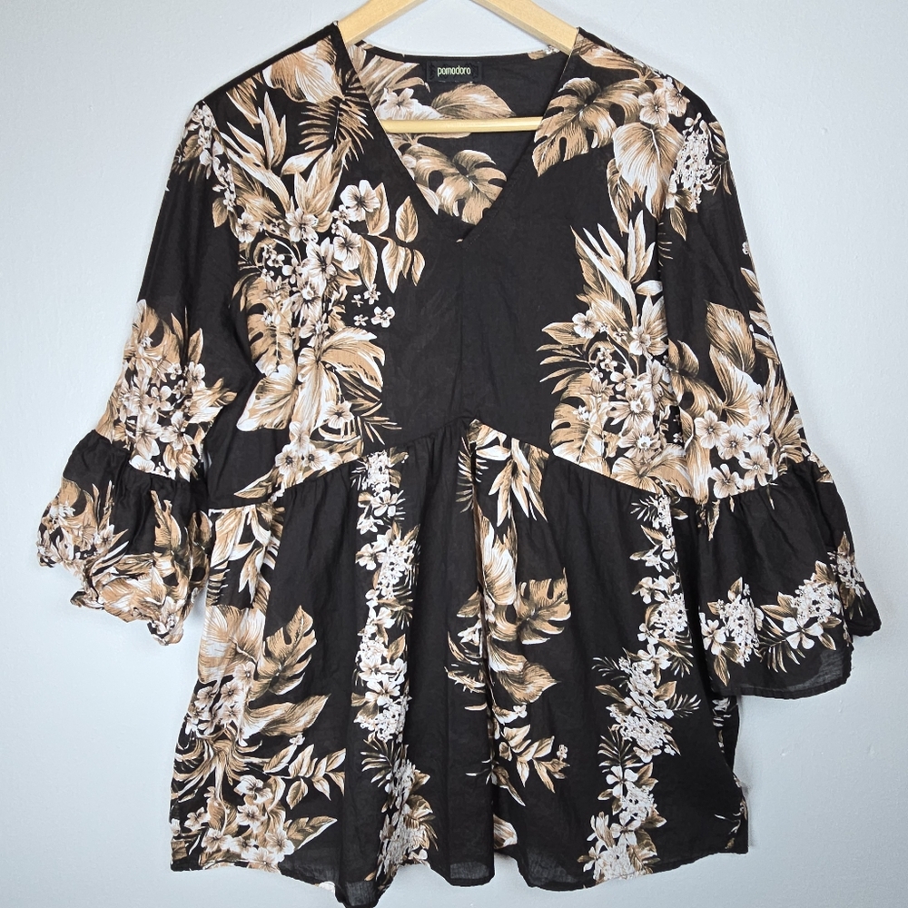 Pomodoro Women's Black Print Tropical Floral Babydoll Cotton Top Bell Sleeves XL